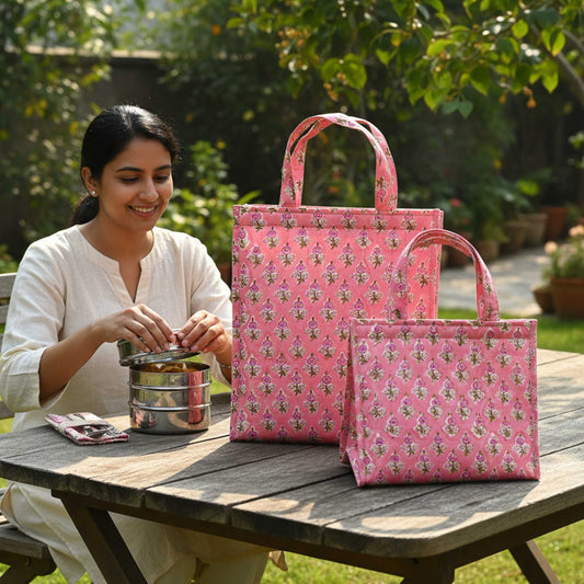 Tempo Core I Pink Floral Insulated Lunch Bag Hot & Cold Food / Pack of 2