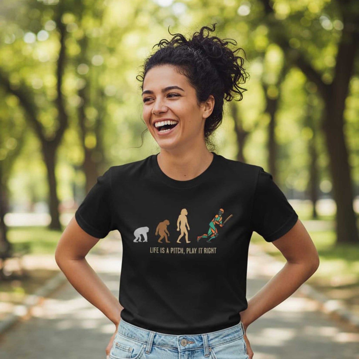 Shastra Sport T-shirt with cricket evolution design and slogan “Life is a pitch.”