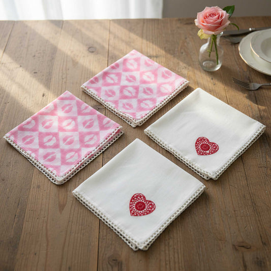Cotton Mulmul Lip Block Print & Heart Handkerchief I Set (4 Pcs)