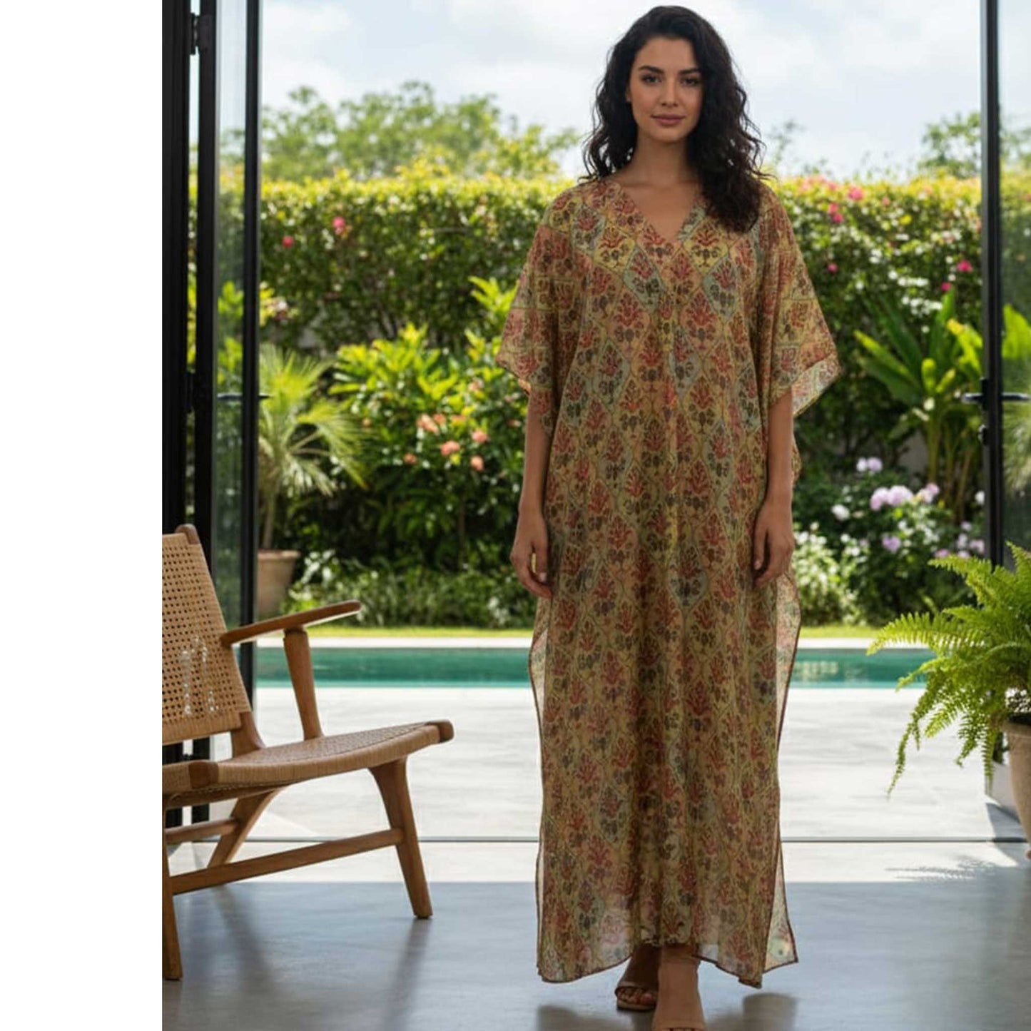 Boho Floral Kaftan Dress |  Earthy Tones, 55" Length Cotton Silk