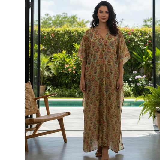 Boho Floral Kaftan Dress |  Earthy Tones, 55" Length Cotton Silk