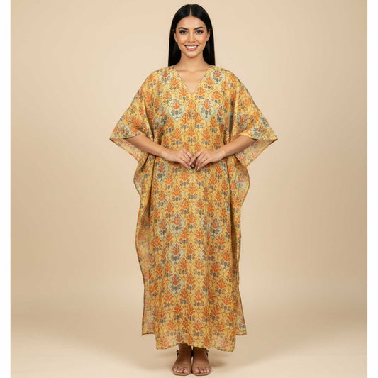 Boho Floral Kaftan Dress | Earthy Tones, 55" Length Cotton Silk