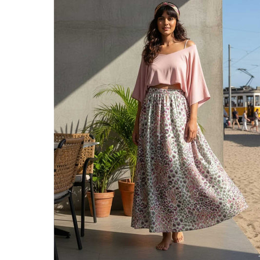 Multi Circle Print Satin Skirt , 41” Flowing Printed Skirt
