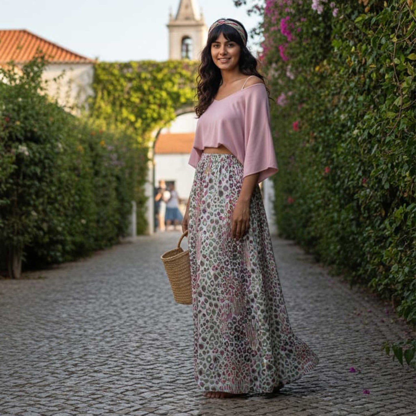 Multi Circle Print Satin Skirt , 41” Flowing Printed Skirt