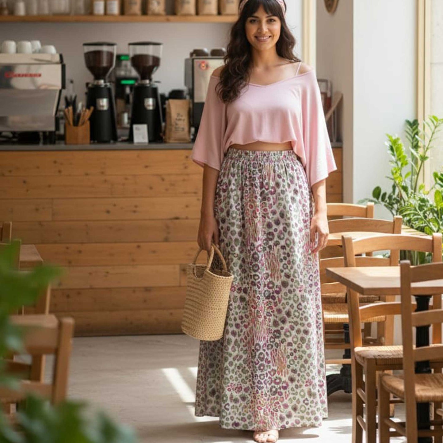 Multi Circle Print Satin Skirt , 41” Flowing Printed Skirt