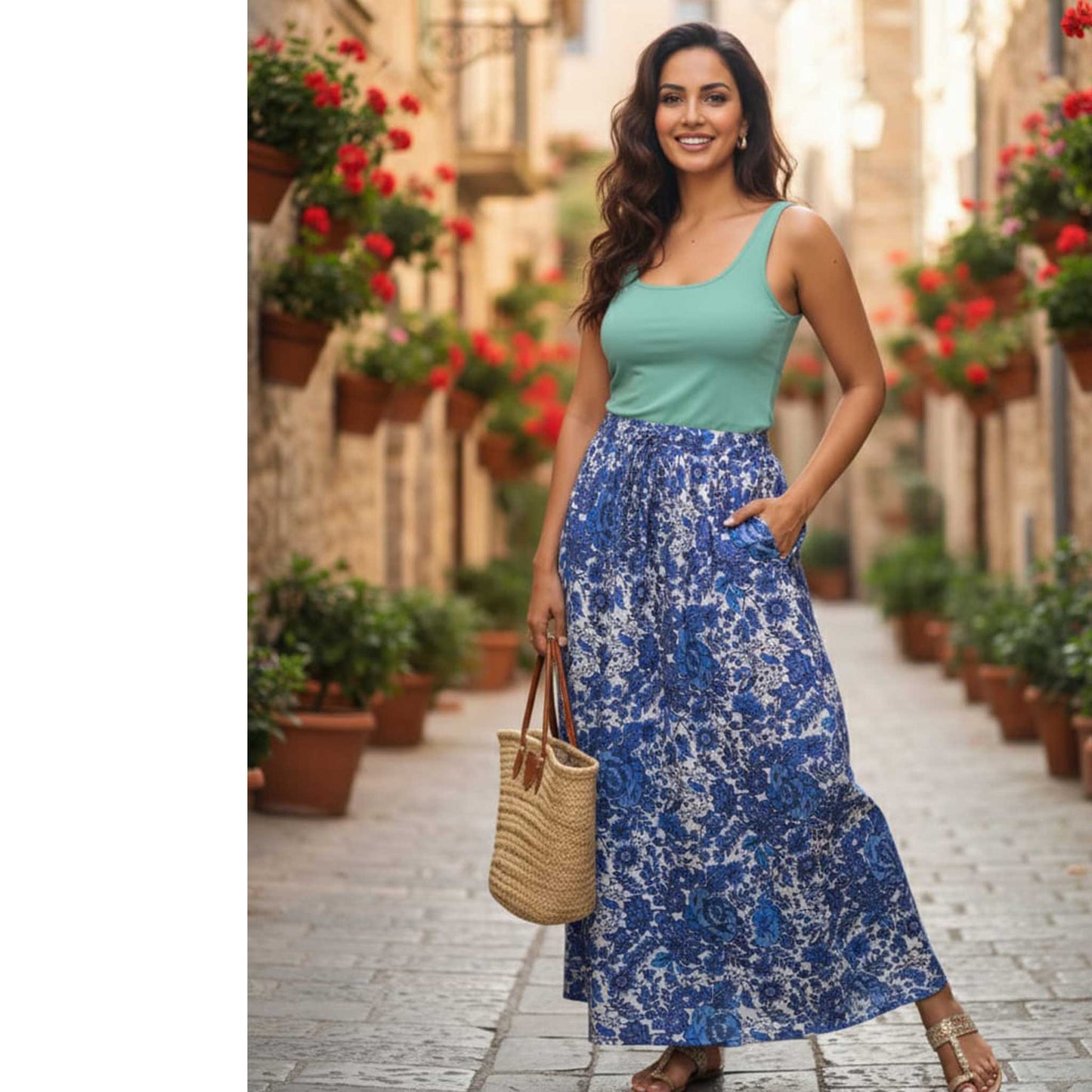 Floral Blue Satin Skirt , 41” Flowing Printed Skirt