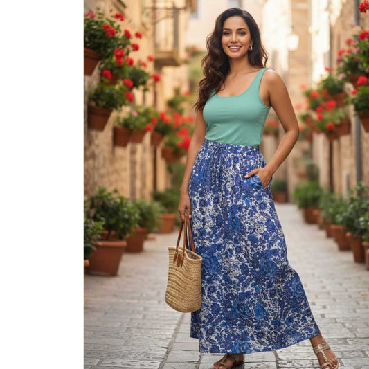 Floral Blue Satin Skirt , 41” Flowing Printed Skirt