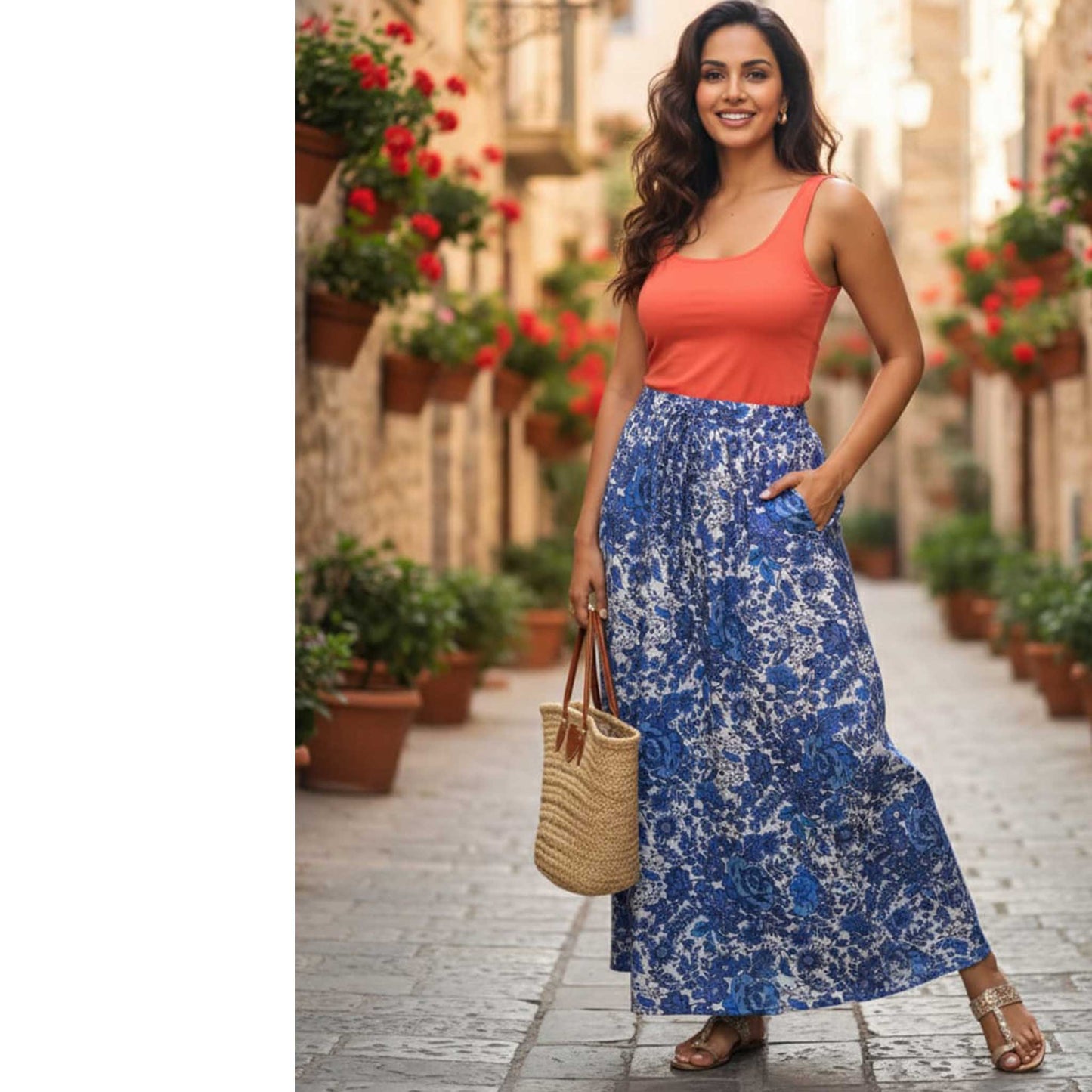 Floral Blue Satin Skirt , 41” Flowing Printed Skirt