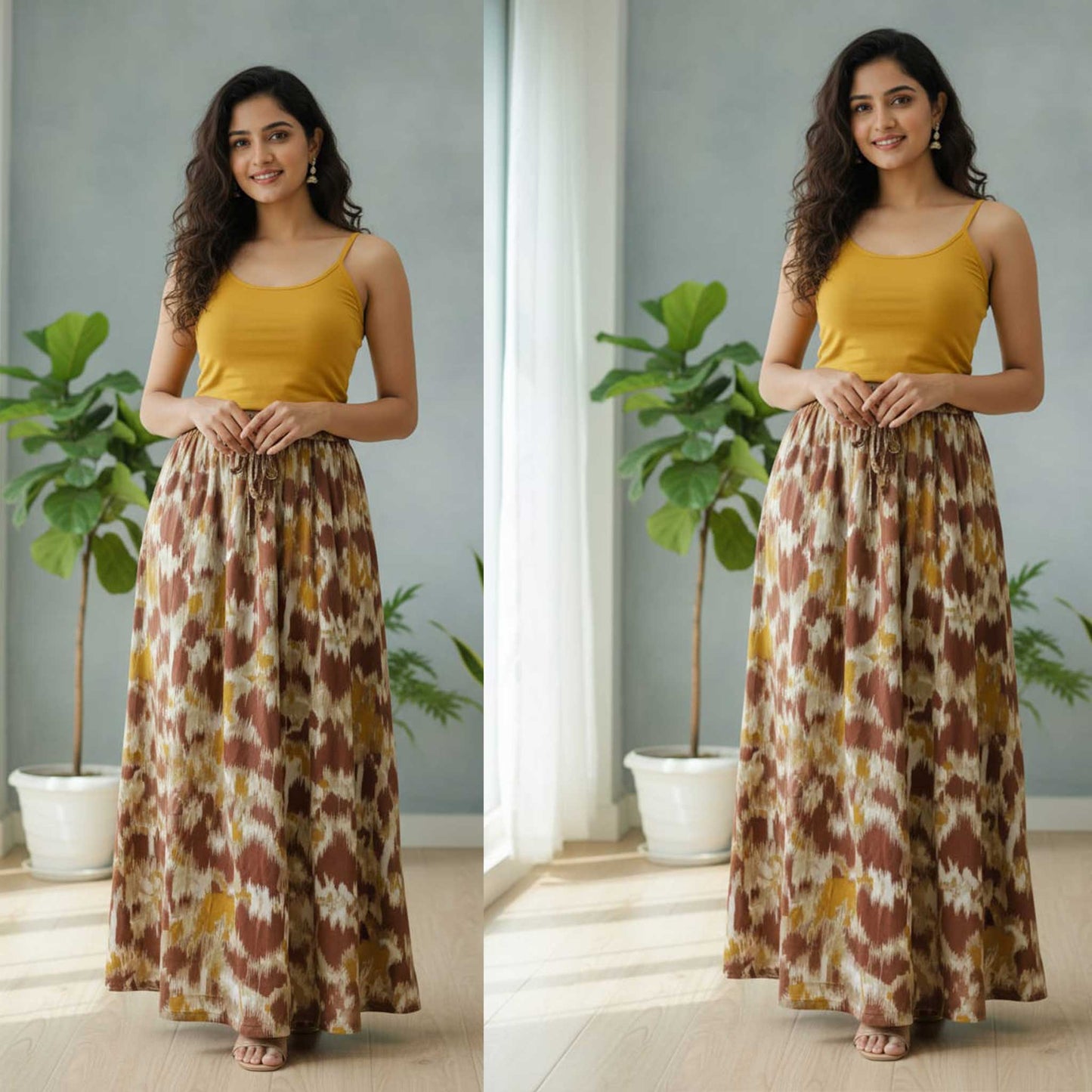 Earthy Brown Ikat Print Skirt, 41” | Satin Polyester
