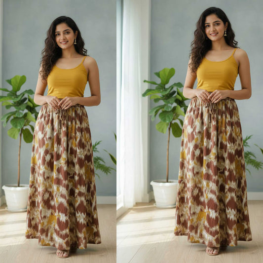 Earthy Brown Ikat Print Skirt, 41” | Satin Polyester