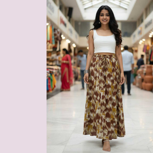 Earthy Brown Ikat Print Skirt, 41” | Satin Polyester
