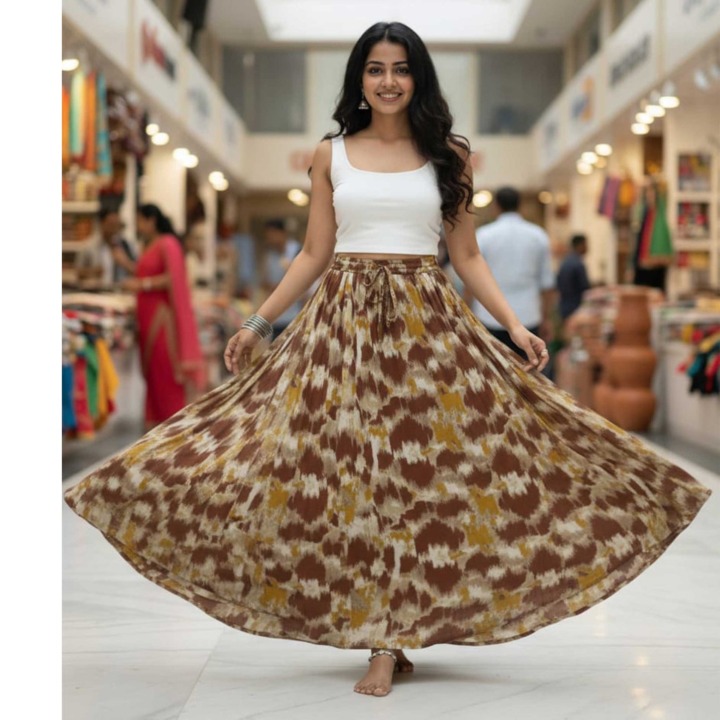 Earthy Brown Ikat Print Skirt, 41” | Satin Polyester
