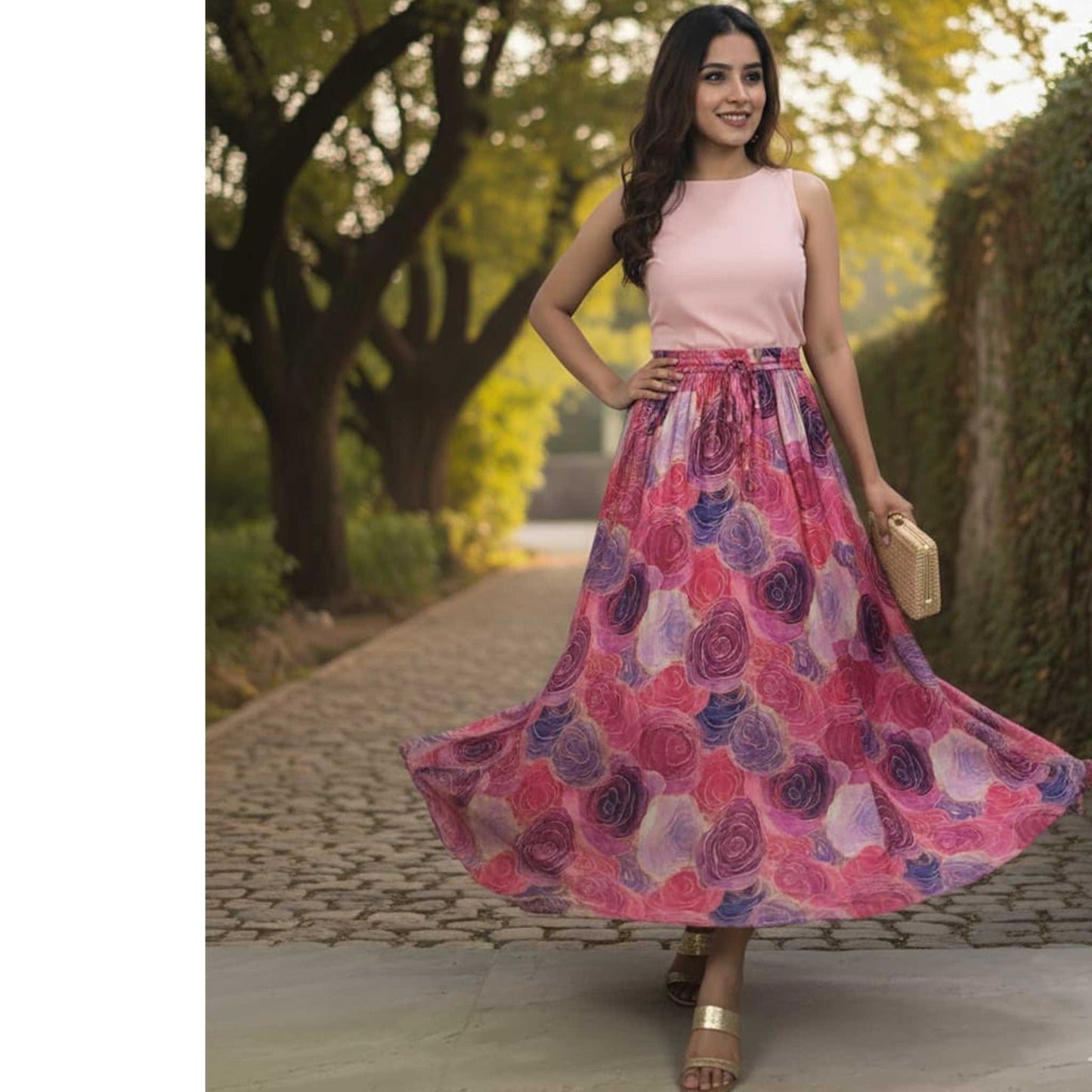 Elegant Floral Satin  Skirt, Rose & Plum  41” | Satin Polyester