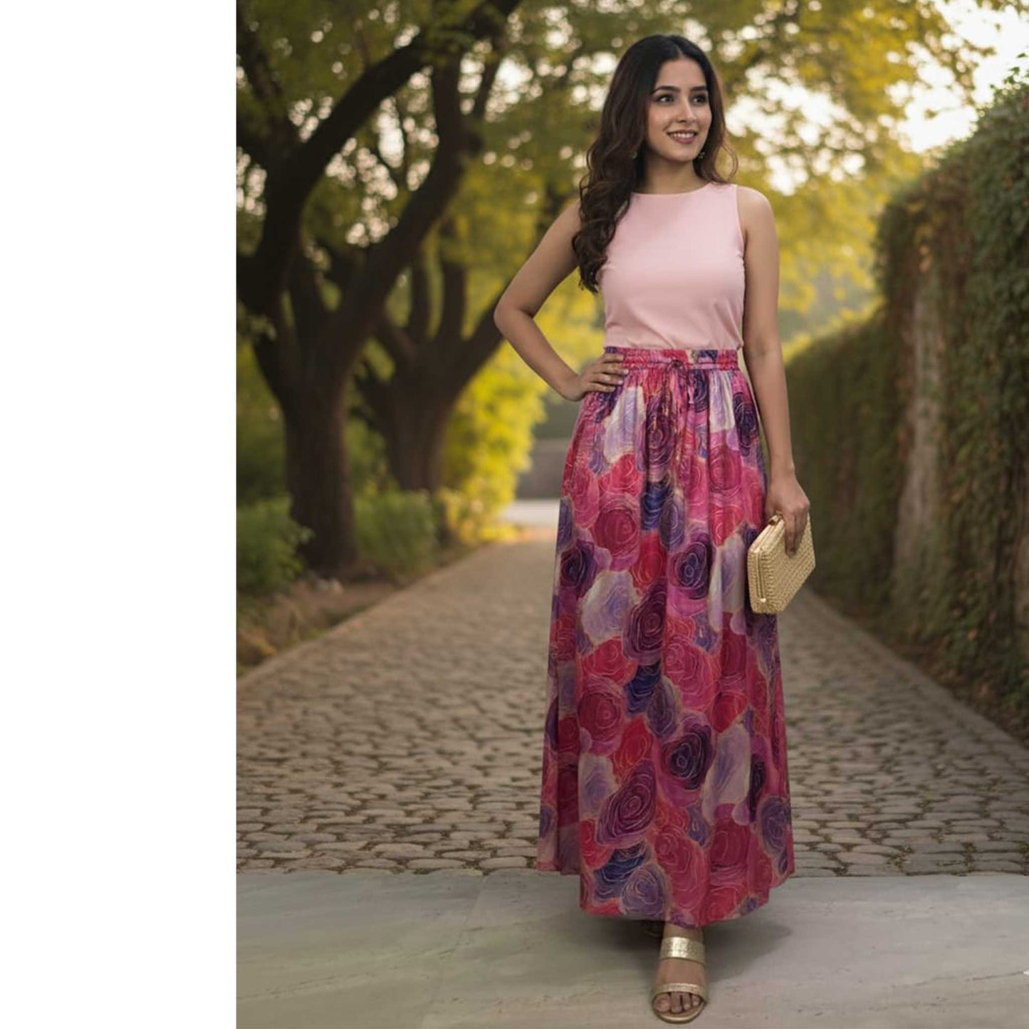Elegant Floral Satin  Skirt, Rose & Plum  41” | Satin Polyester