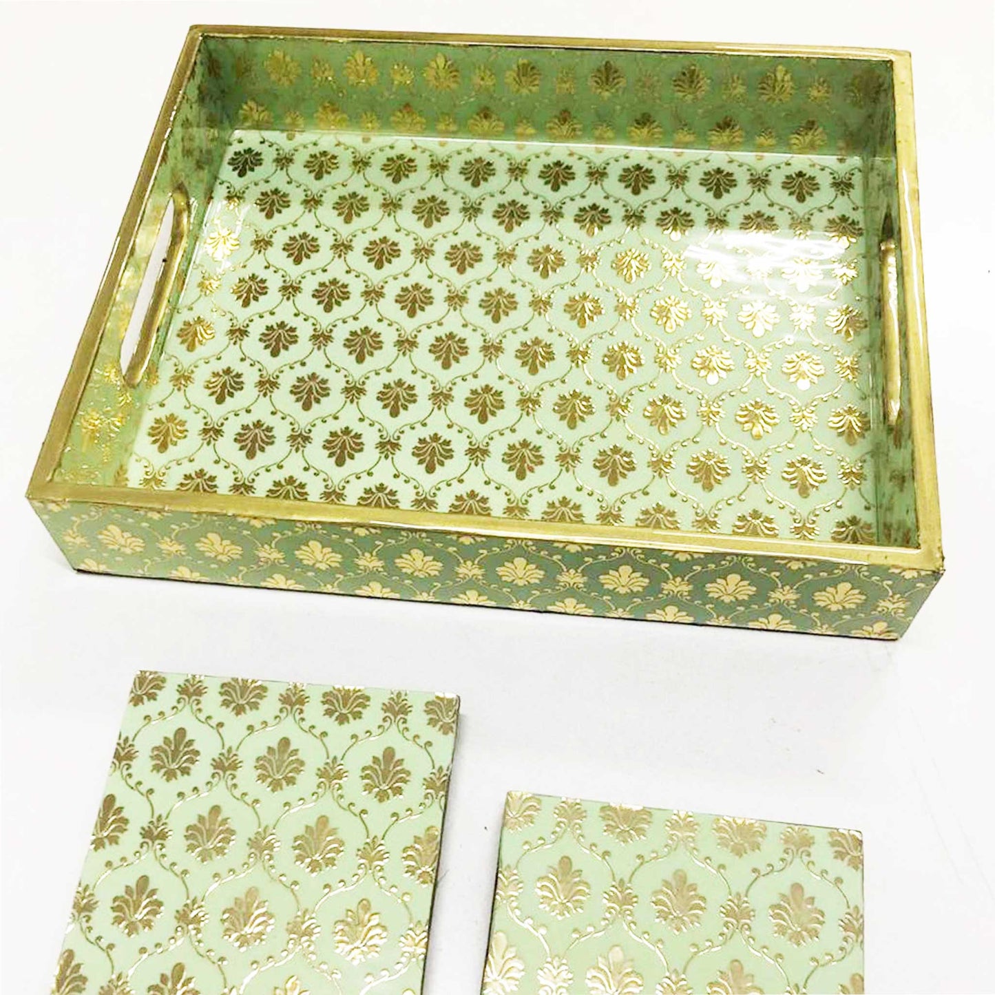 Handcrafted Aqua Green MDF Tray Set with Coasters set of 4 | Elegant Golden Motif Finish