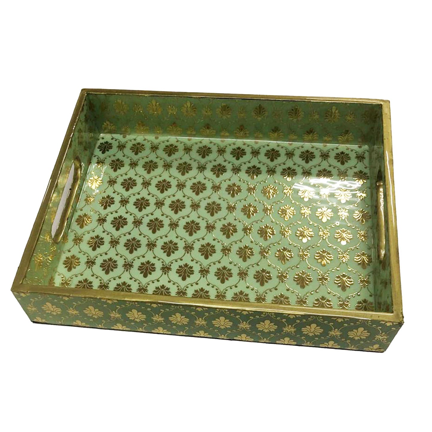 Handcrafted Aqua Green MDF Tray Set with Coasters set of 4 | Elegant Golden Motif Finish
