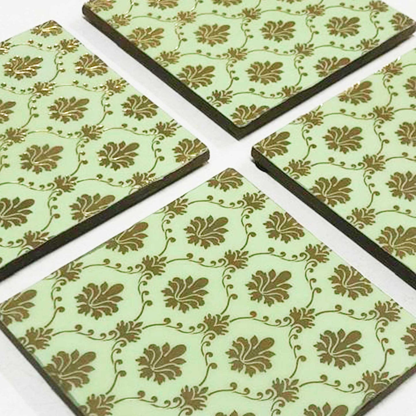 Handcrafted Aqua Green MDF Tray Set with Coasters set of 4 | Elegant Golden Motif Finish