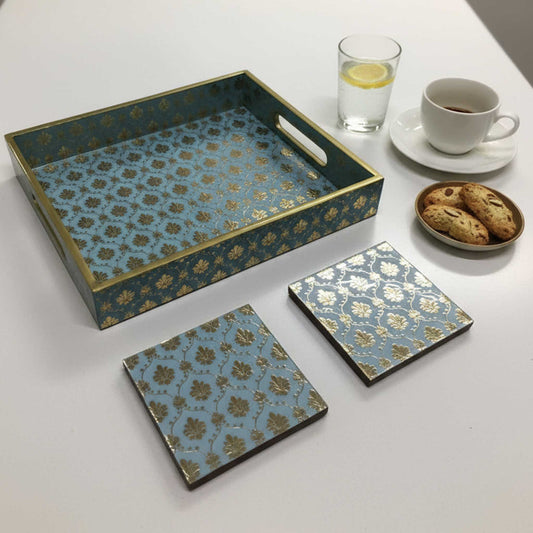 Handcrafted Aqua Blue MDF Tray Set with Coasters set of 4 | Elegant Golden Motif Finish