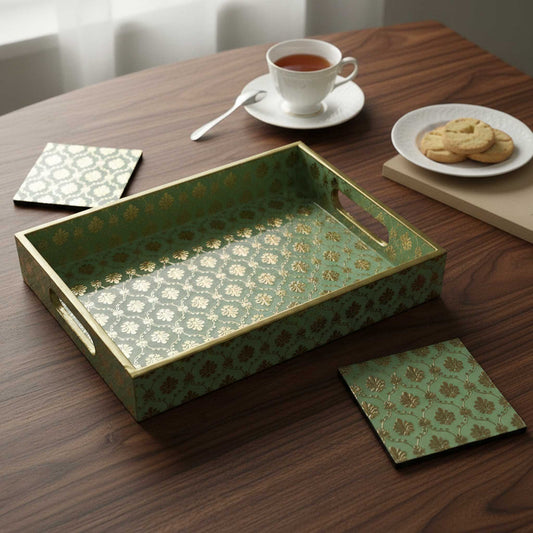 Handcrafted Aqua Green MDF Tray Set with Coasters set of 4 | Elegant Golden Motif Finish