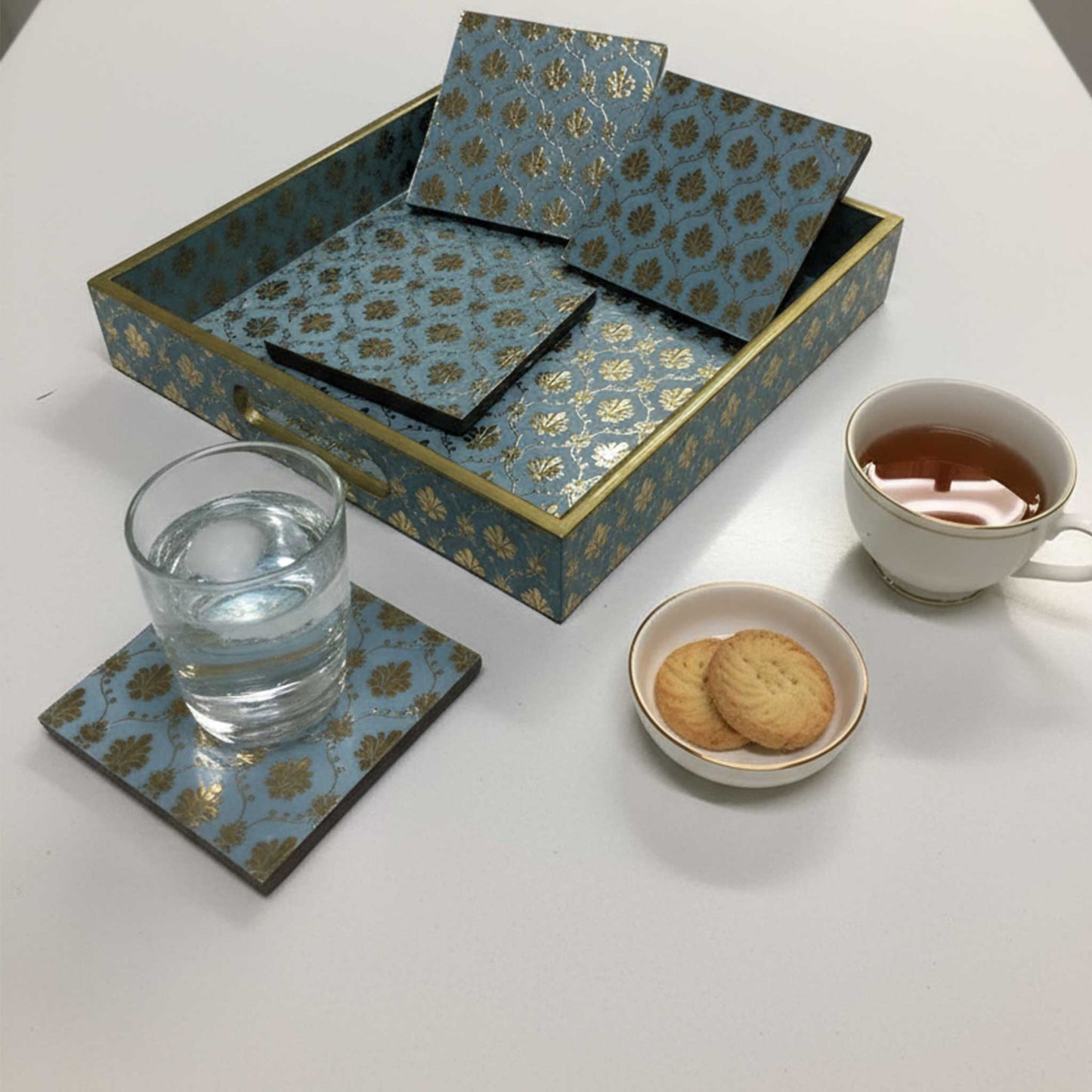 Handcrafted Aqua Blue MDF Tray Set with Coasters set of 4 | Elegant Golden Motif Finish