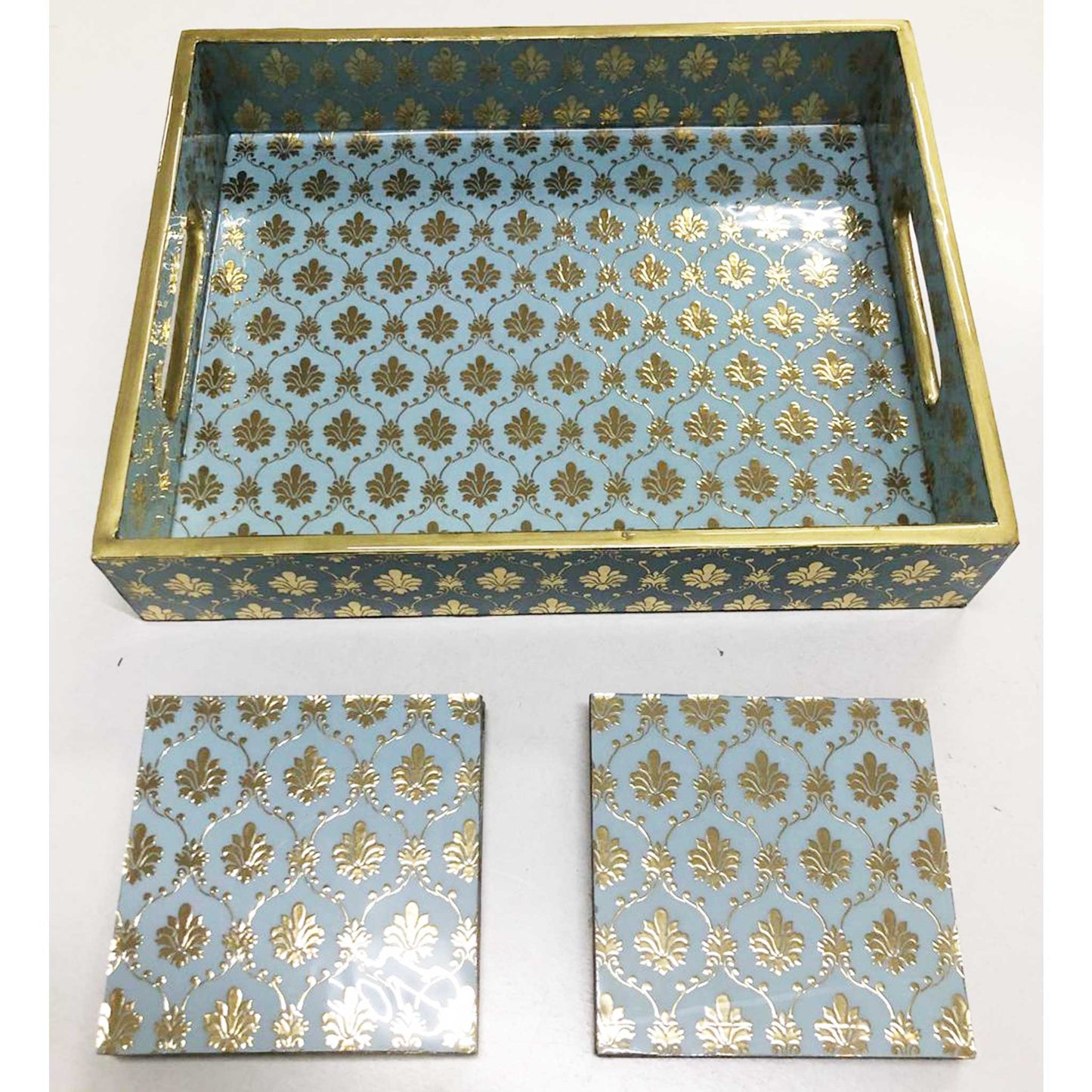 Handcrafted Aqua Blue MDF Tray Set with Coasters set of 4 | Elegant Golden Motif Finish
