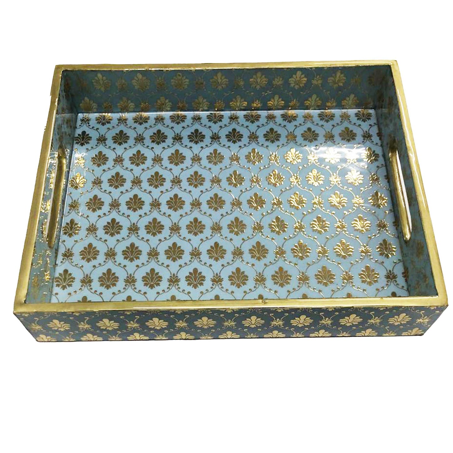 Handcrafted Aqua Blue MDF Tray Set with Coasters set of 4 | Elegant Golden Motif Finish