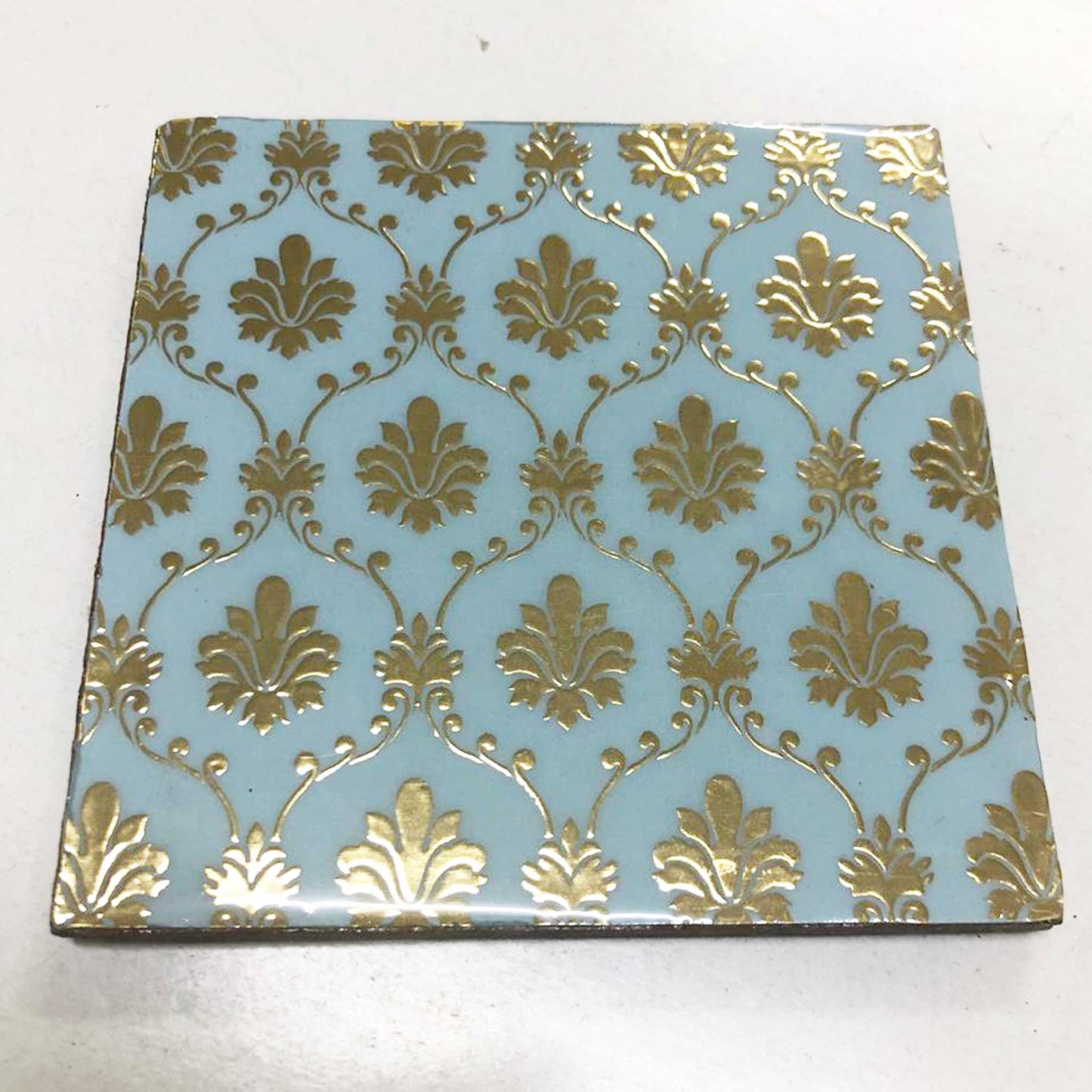 Handcrafted Aqua Blue MDF Tray Set with Coasters set of 4 | Elegant Golden Motif Finish