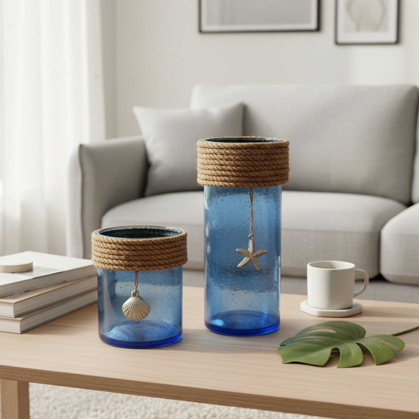 Blue Bubble Glass Lantern set of 2 ( Large & Small )