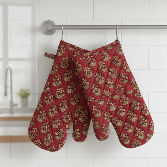 Red Floral I Printed Padded Oven Mitt
