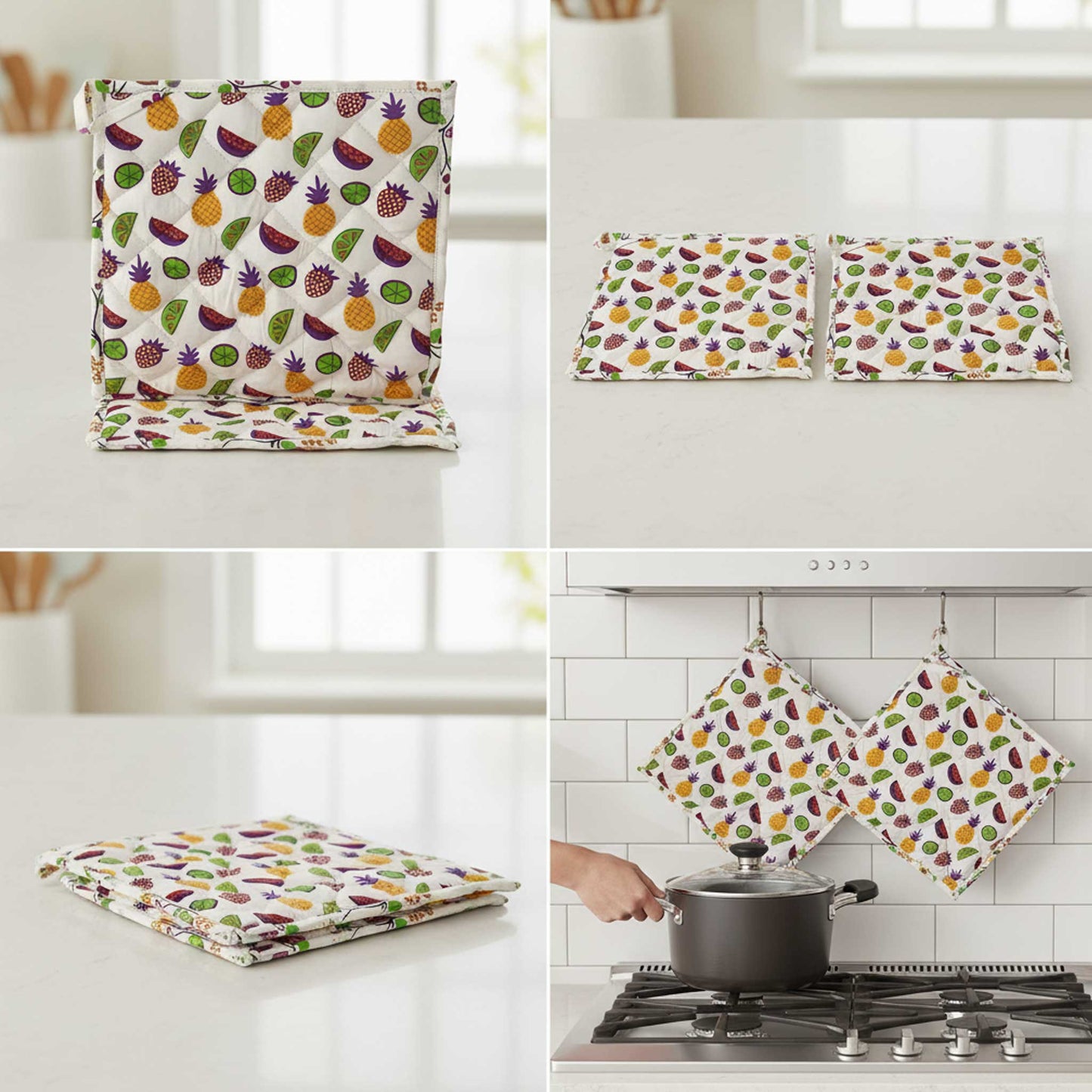 Tropical Fruit Print I Quilted Pot Holder Set / 2 pack