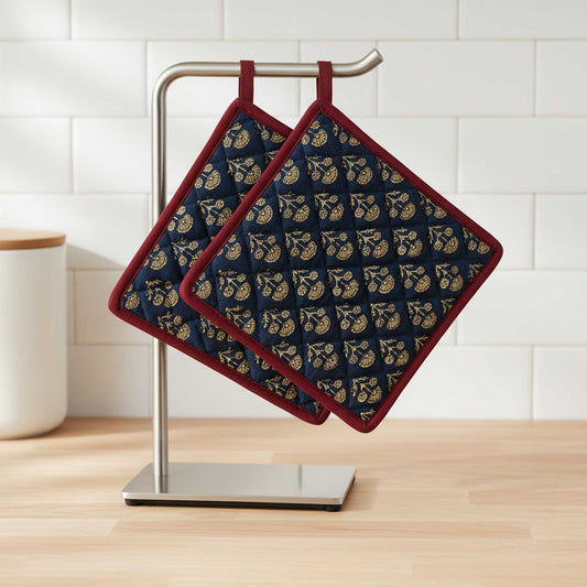 Blue Floral I Printed Quilted Pot Holder Set / 2 pack