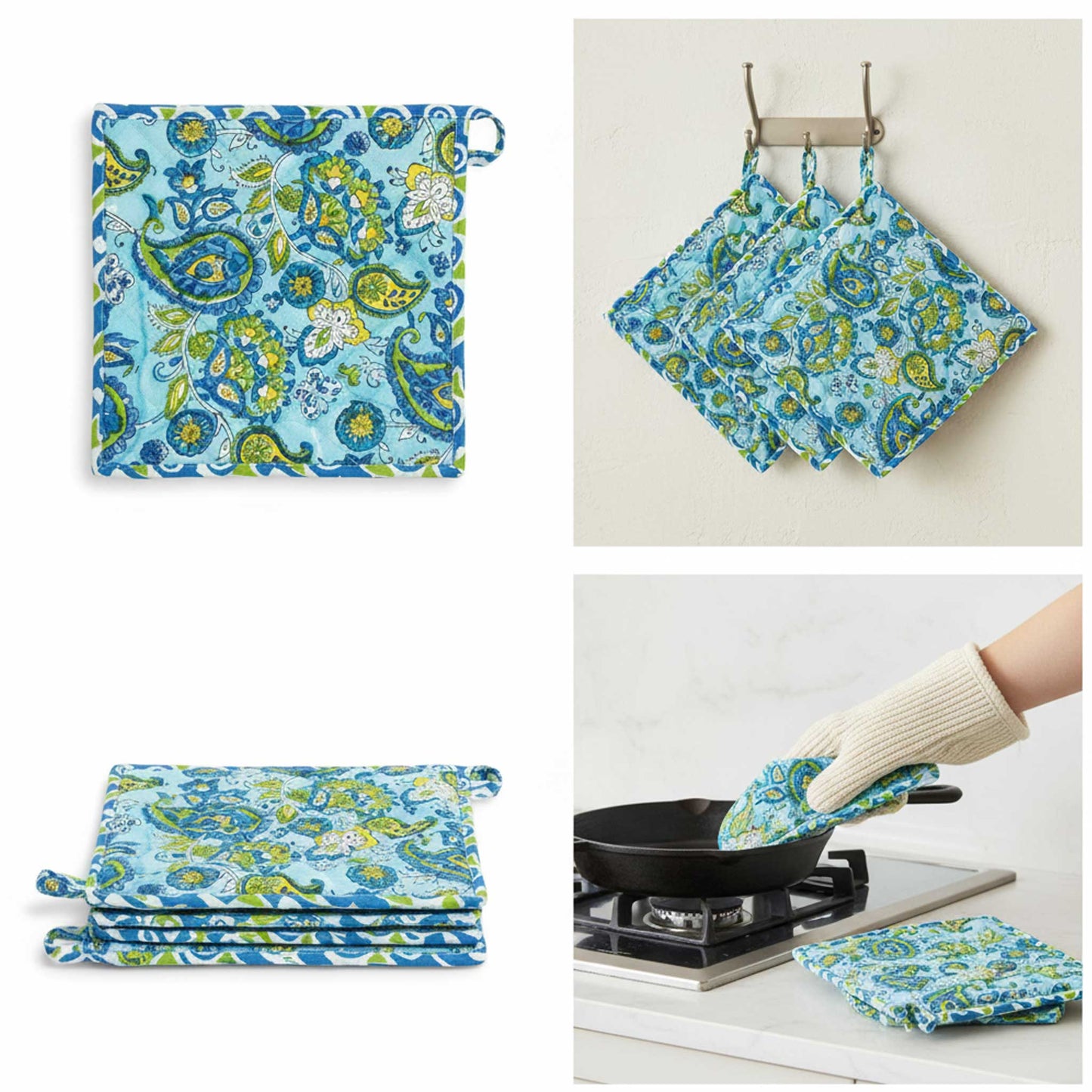 Blue Paisley I Printed Quilted Pot Holder Set / 2 pack