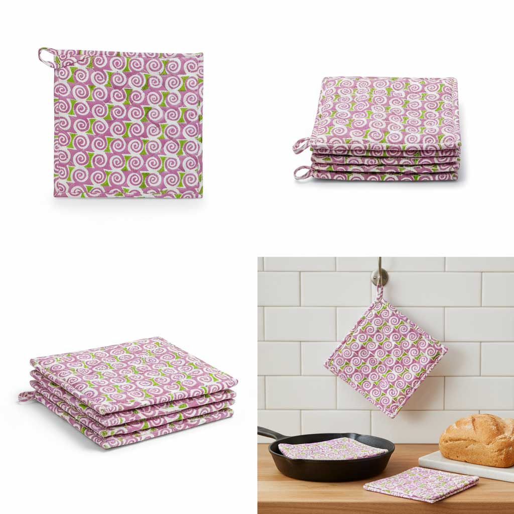 Pink White Swirl I Printed Quilted Pot Holder Set / 2 pack
