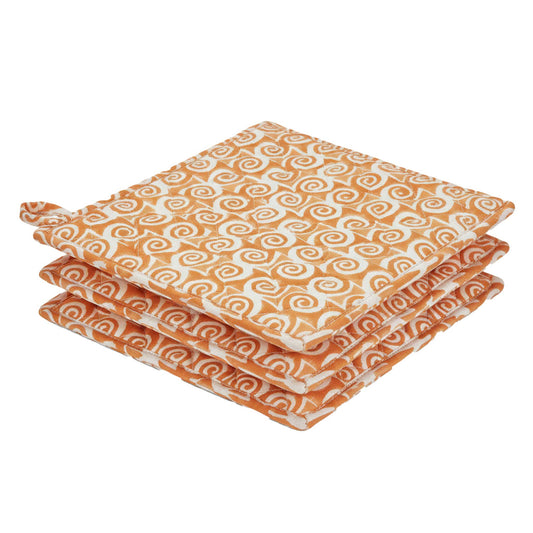 Rust Orange Spiral I Printed Quilted Pot Holder Set / 2 pack