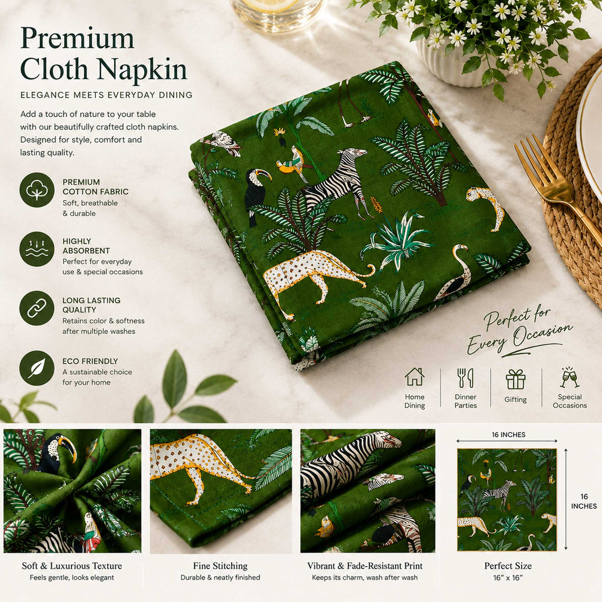 Savanah Jungle Print Cotton Napkin Set of 6 - Green