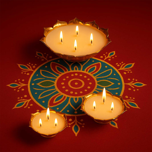 Handcrafted Golden Metal Urli with Scented Candles | Chandan, Jasmine, Lavender, Lemongrass, Rose for Diwali, Puja & All-Season Ambience
