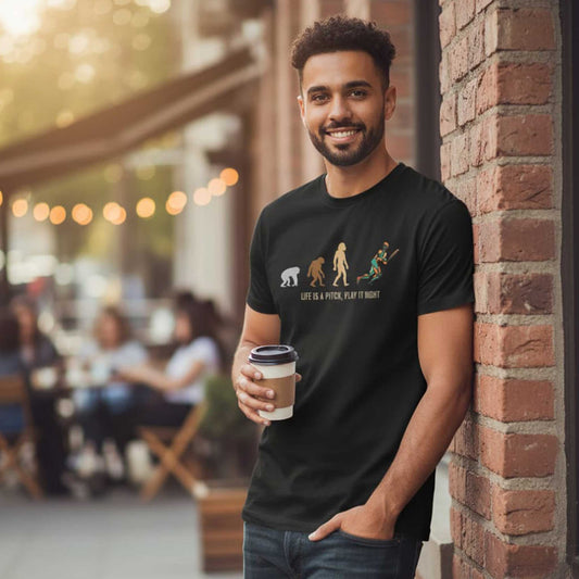 Shastra Sport T-shirt with cricket evolution design and slogan “Life is a pitch.”