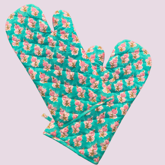 Green-Pink FloraI I Printed Padded Oven Mitt