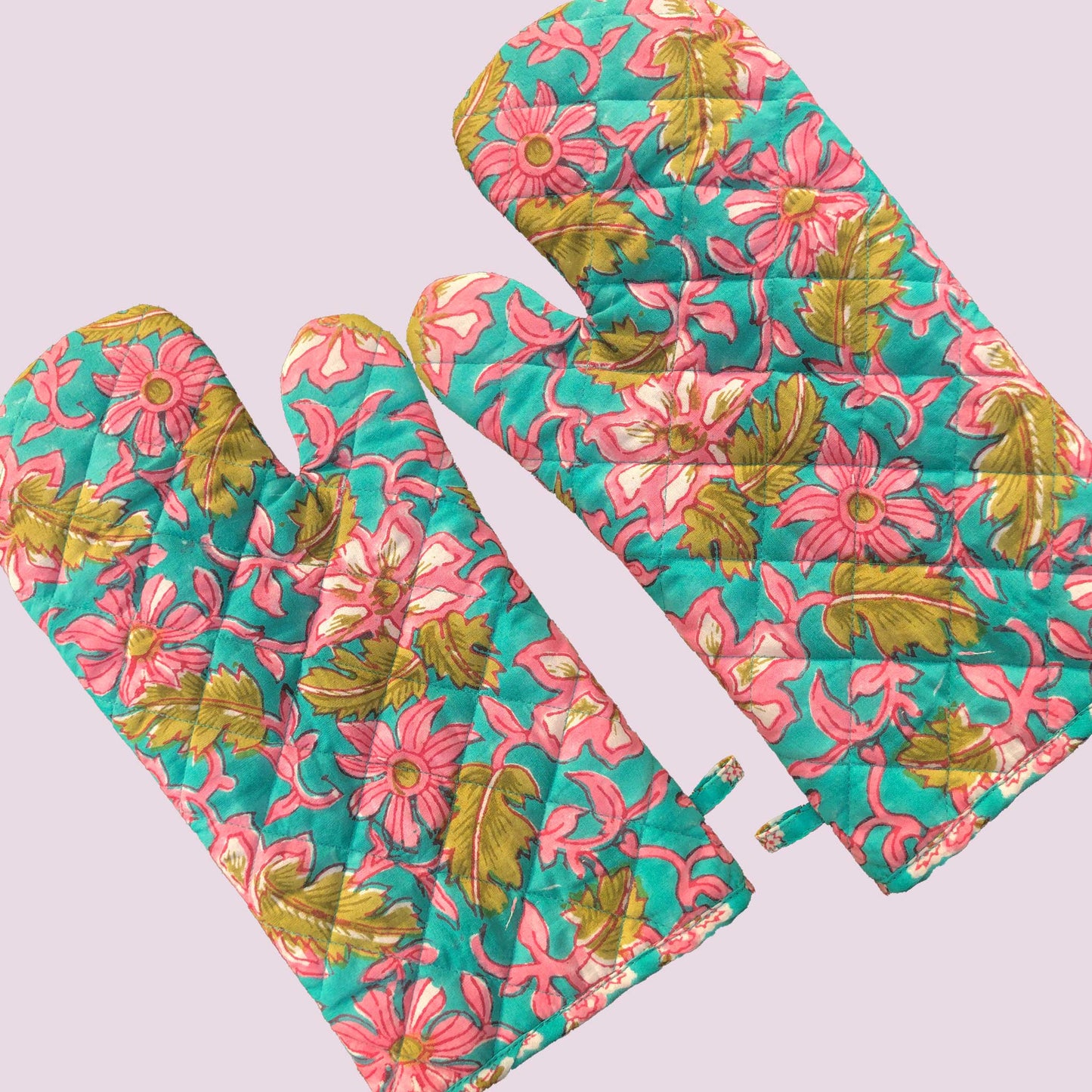 Turquoise-Pink FloraI I Printed Padded Oven Mitt