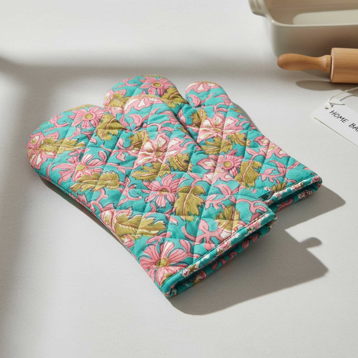 Turquoise-Pink FloraI I Printed Padded Oven Mitt