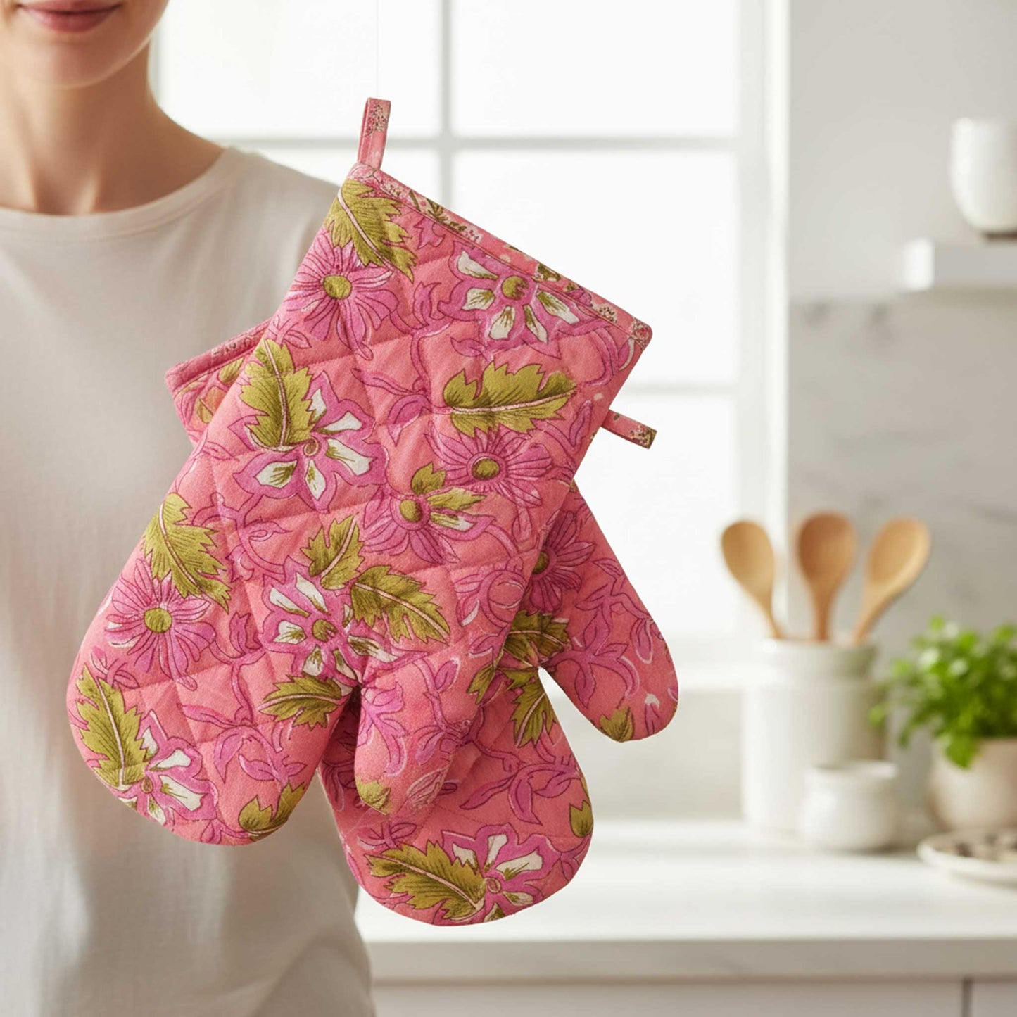 Rose Pink Floral I Printed Padded Oven Mitt