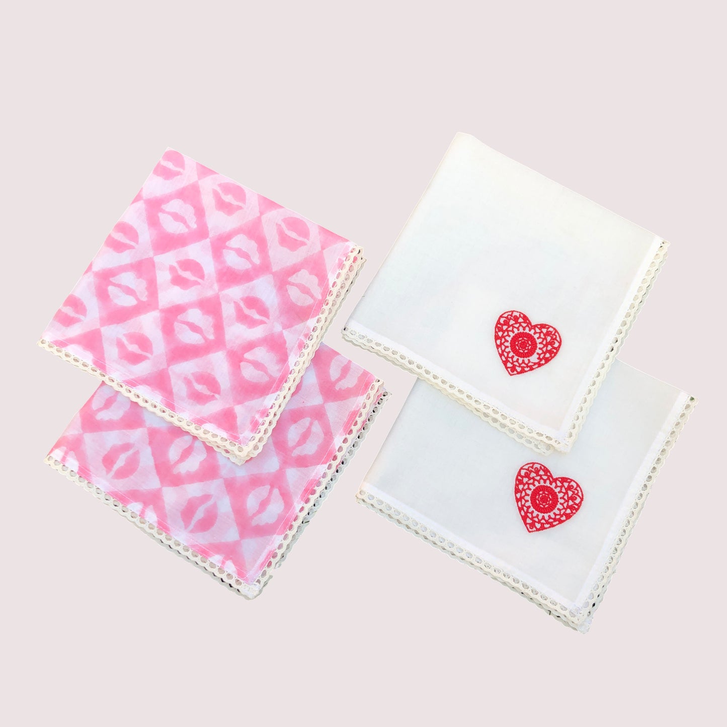 Cotton Mulmul Lip Block Print & Heart Handkerchief I Set (4 Pcs)