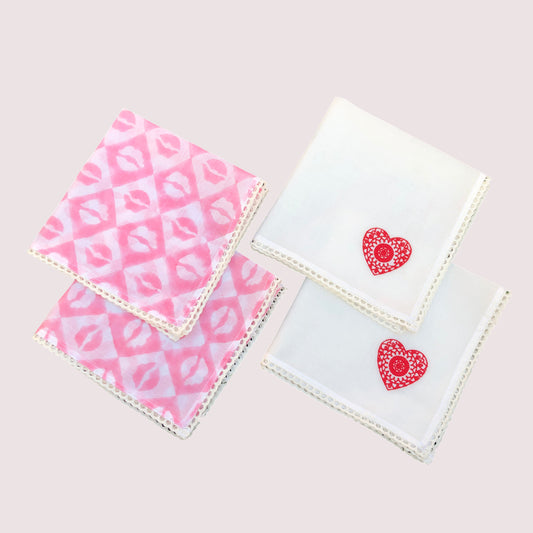 Cotton Mulmul Lip Block Print & Heart Handkerchief I Set (4 Pcs)