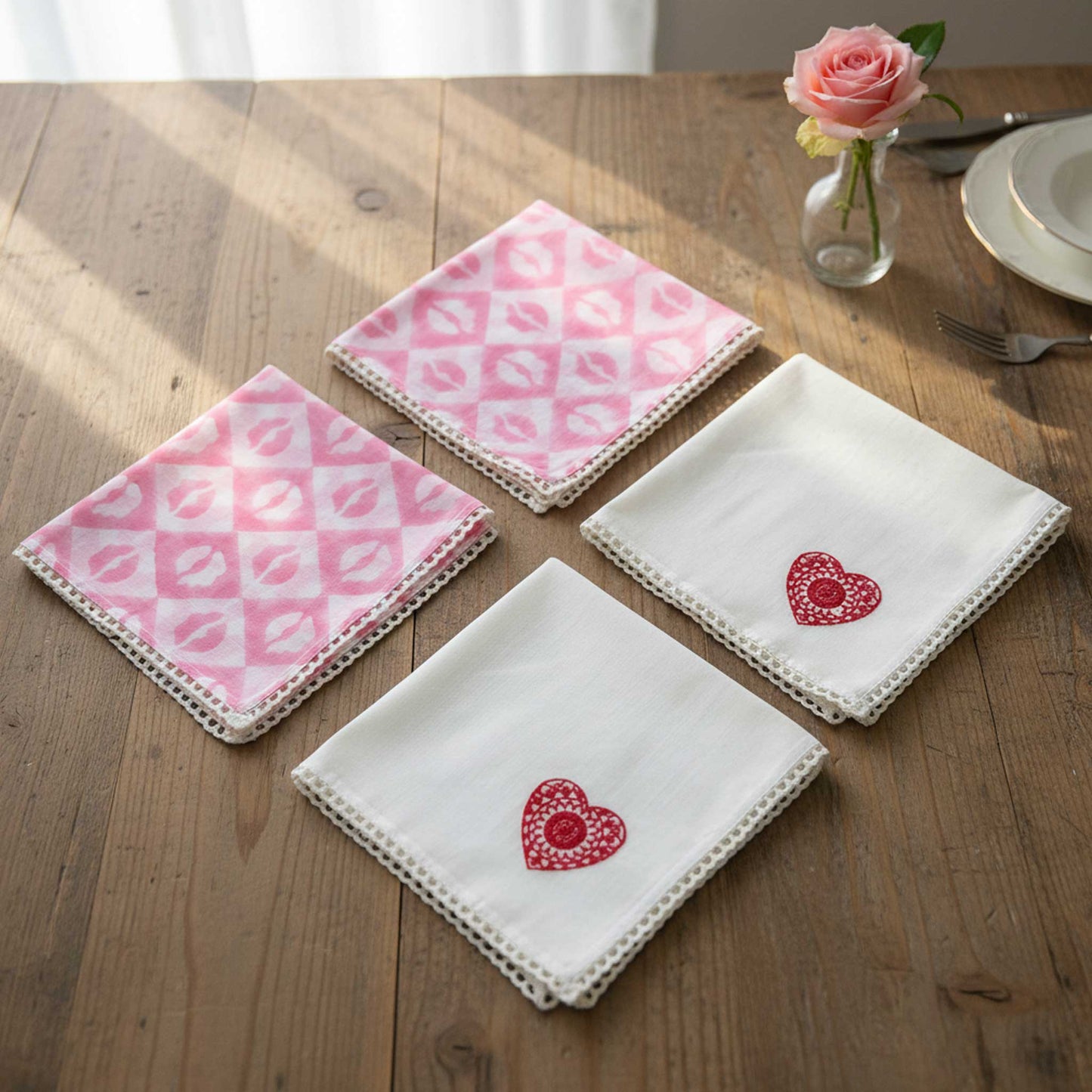 Cotton Mulmul Lip Block Print & Heart Handkerchief I Set (4 Pcs)