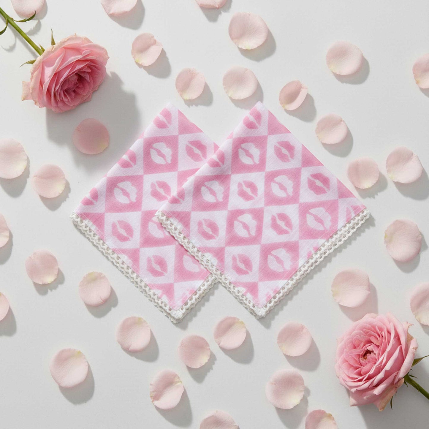 Cotton Mulmul Lip Block Print & Heart Handkerchief I Set (4 Pcs)