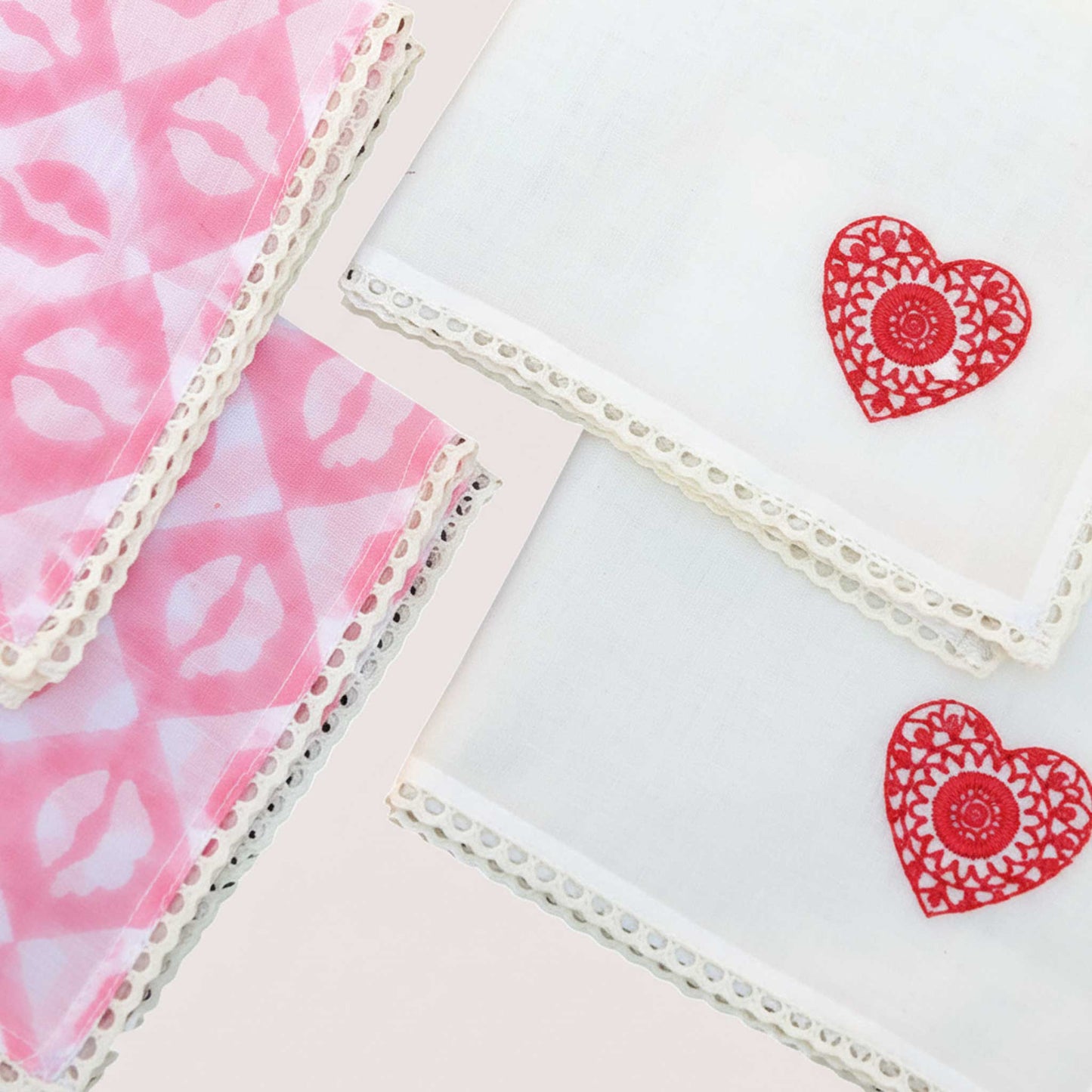 Cotton Mulmul Lip Block Print & Heart Handkerchief I Set (4 Pcs)