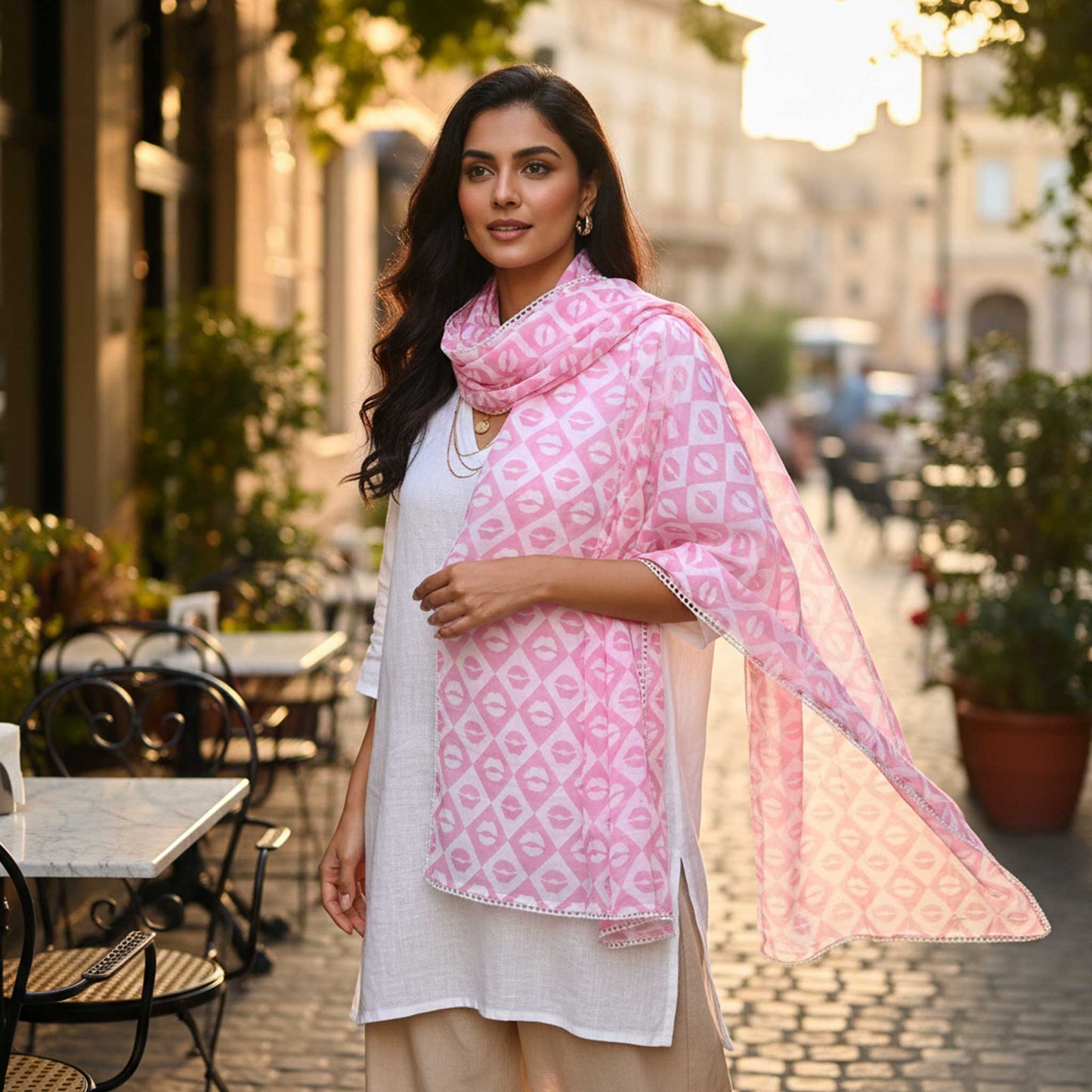 Pink Lips Block Print I Cotton Mulmul Stole