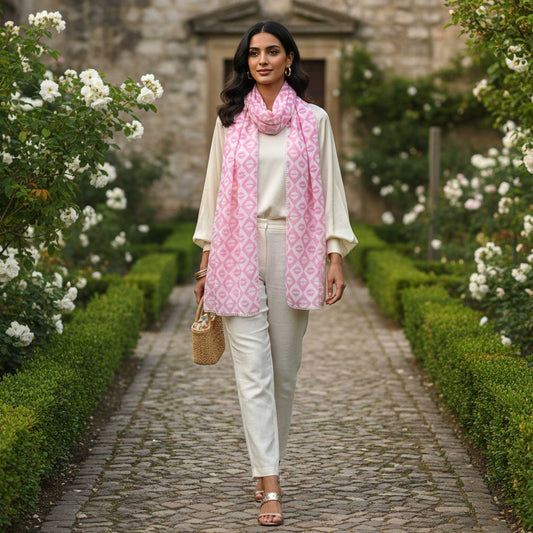 Pink Lips Block Print I Cotton Mulmul Stole