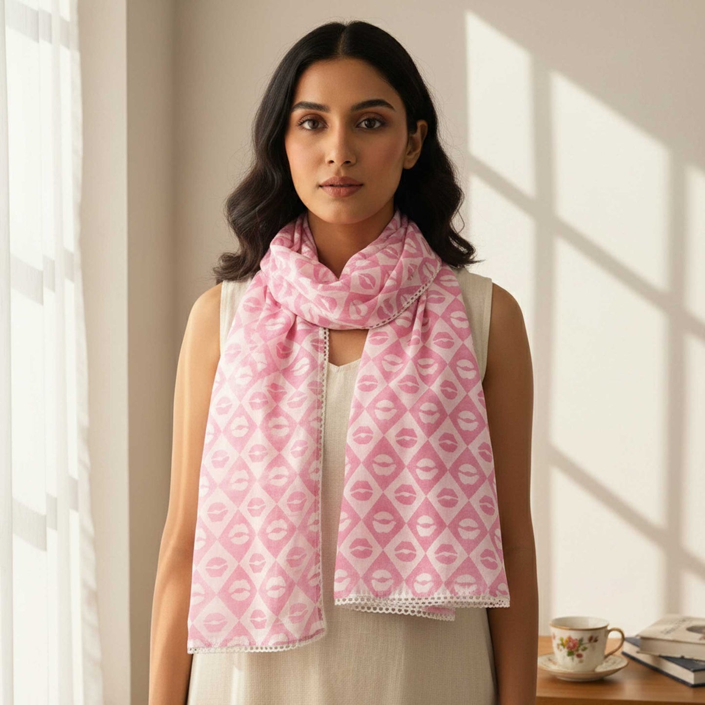 Pink Lips Block Print I Cotton Mulmul Stole