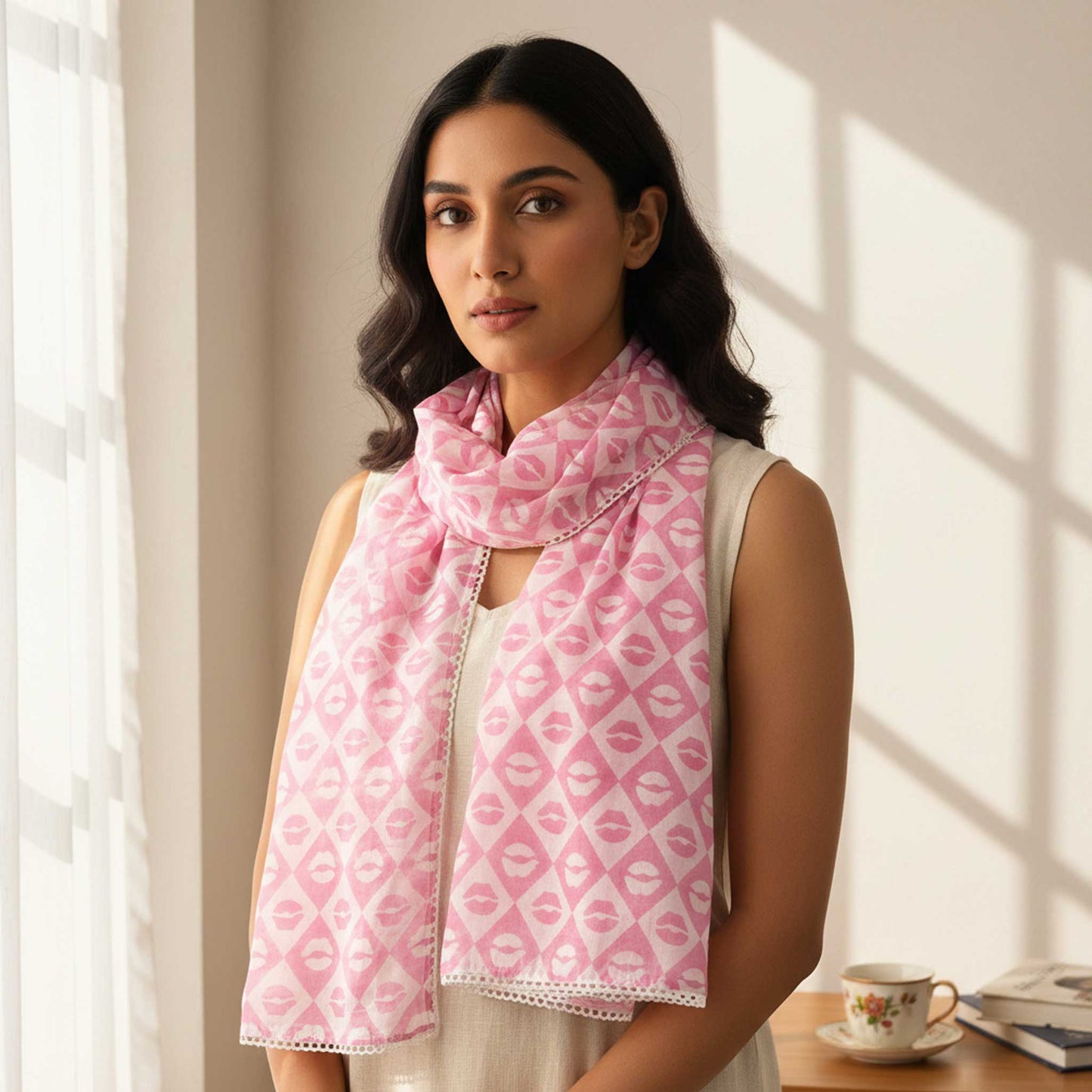 Pink Lips Block Print I Cotton Mulmul Stole